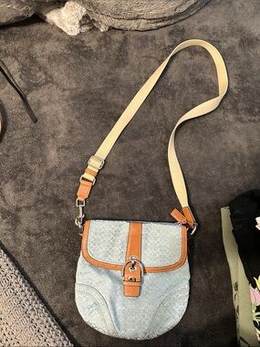 Coach Light Blue Signature Crossbody with Tan Leather Trim